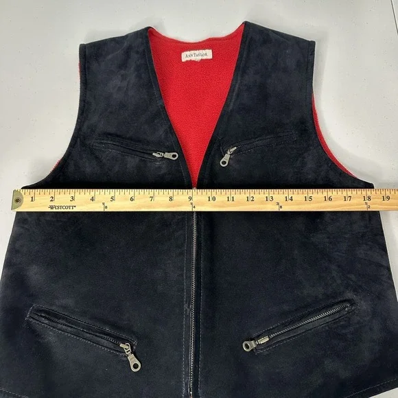 Vtg Ann Taylor Vest Full Zip Leather Size M Black Suede Fleece Lined - Picture 8 of 11